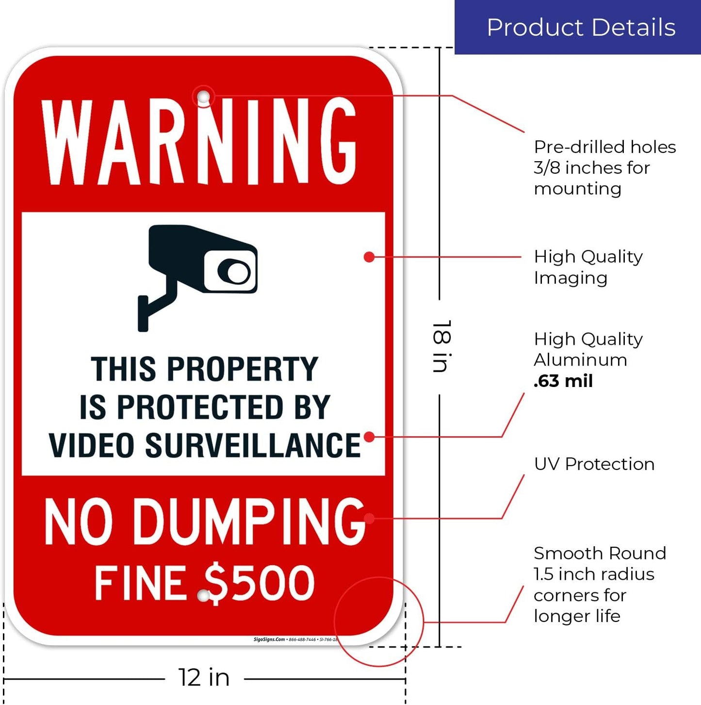 Sigo No Dumping Sign - 12X18 Inches, Rust Free .063 Aluminum, Fade Resistant, Made in USA