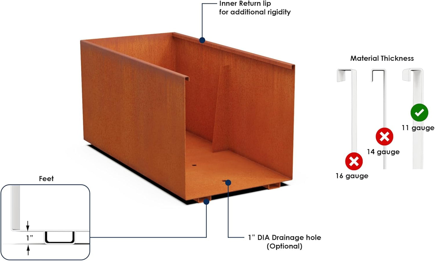 Corten Steel Planter Rectangle Outdoor Metal Garden Box Heavy Duty | Made in USA | Fully Assembled