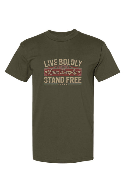 Crown and Creed Live Boldly T-Shirt - Military Green Red, and Kelly Green