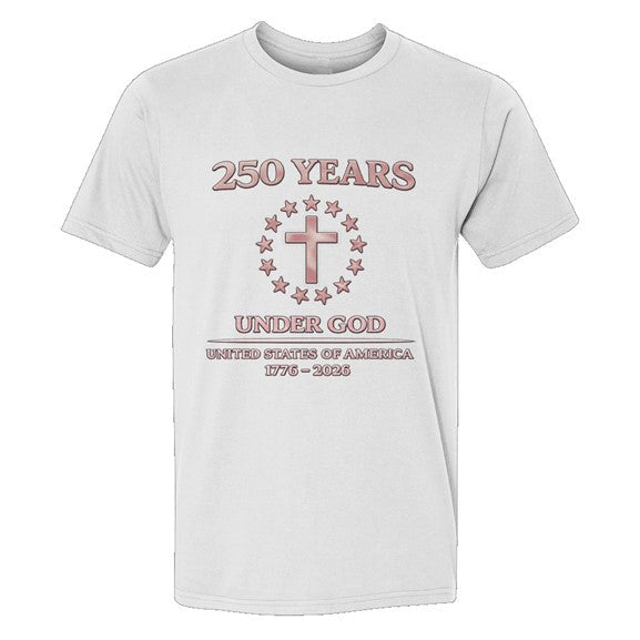 White t-shirt with red and black text and graphics on a white background