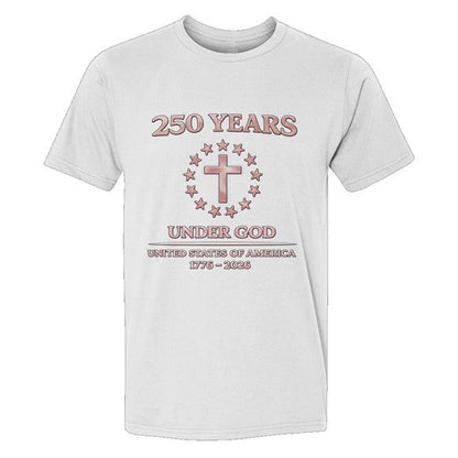White t-shirt with red and black text and graphics on a white background