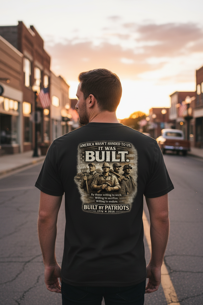 Man wearing a black t-shirt with a graphic design and text on a street at sunset.