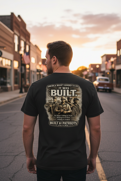 Man wearing a black t-shirt with a graphic design and text on a street at sunset.
