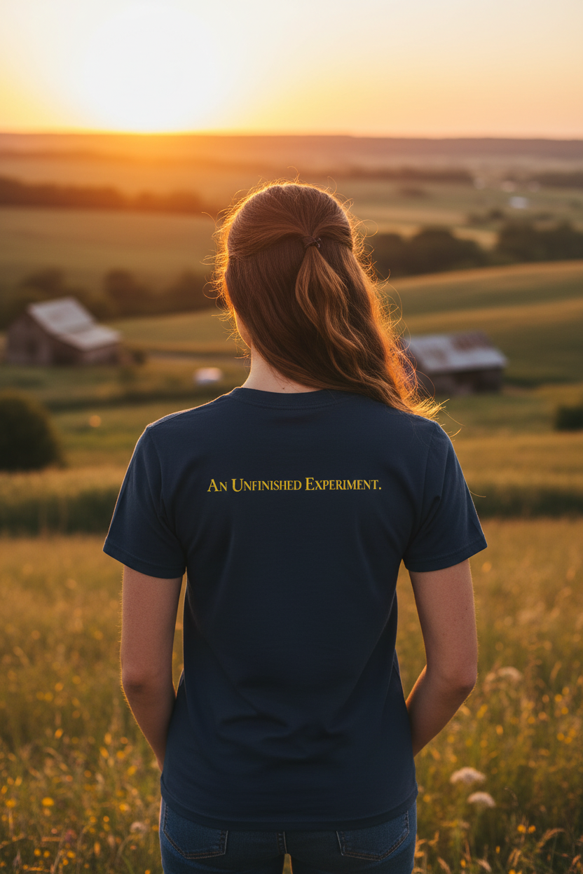 Black t-shirt with yellow text 'An Uninhibited Experiment' on a white background