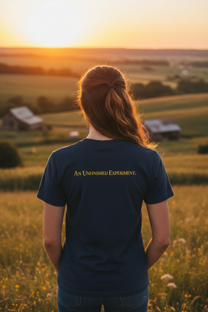 Black t-shirt with yellow text 'An Uninhibited Experiment' on a white background