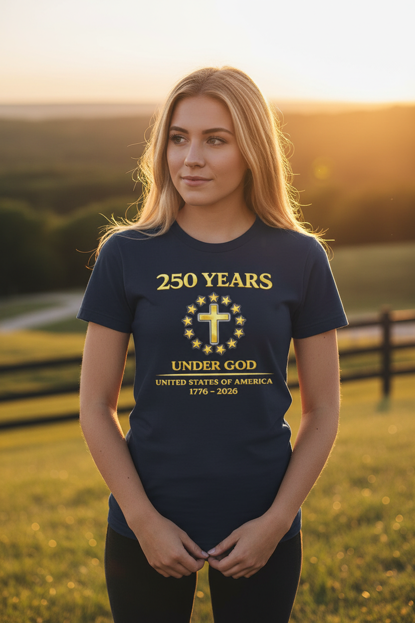 Navy blue t-shirt with gold text and design on a white background