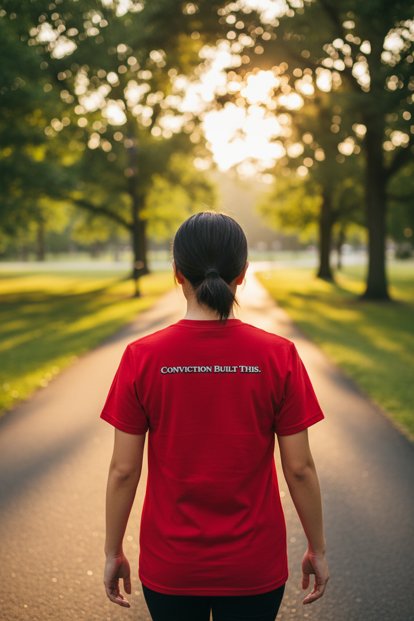 Red t-shirt with text 'CONVICTION BUILT THIS' on the back against a white background