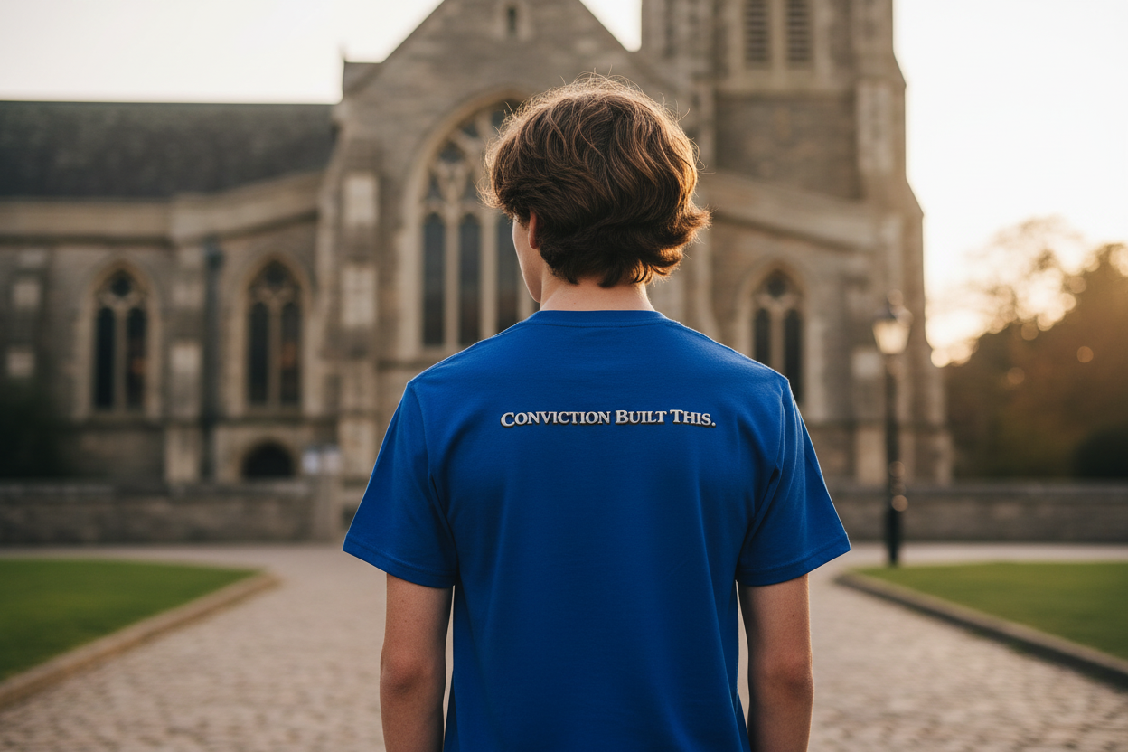 Blue t-shirt with text 'CONVICTION BUILT THIS' on the back against a white background