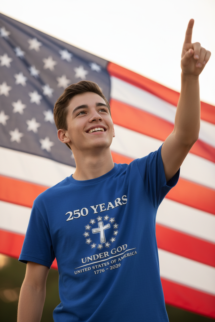 Blue t-shirt with '250 Years Under God' text and cross design on a white background