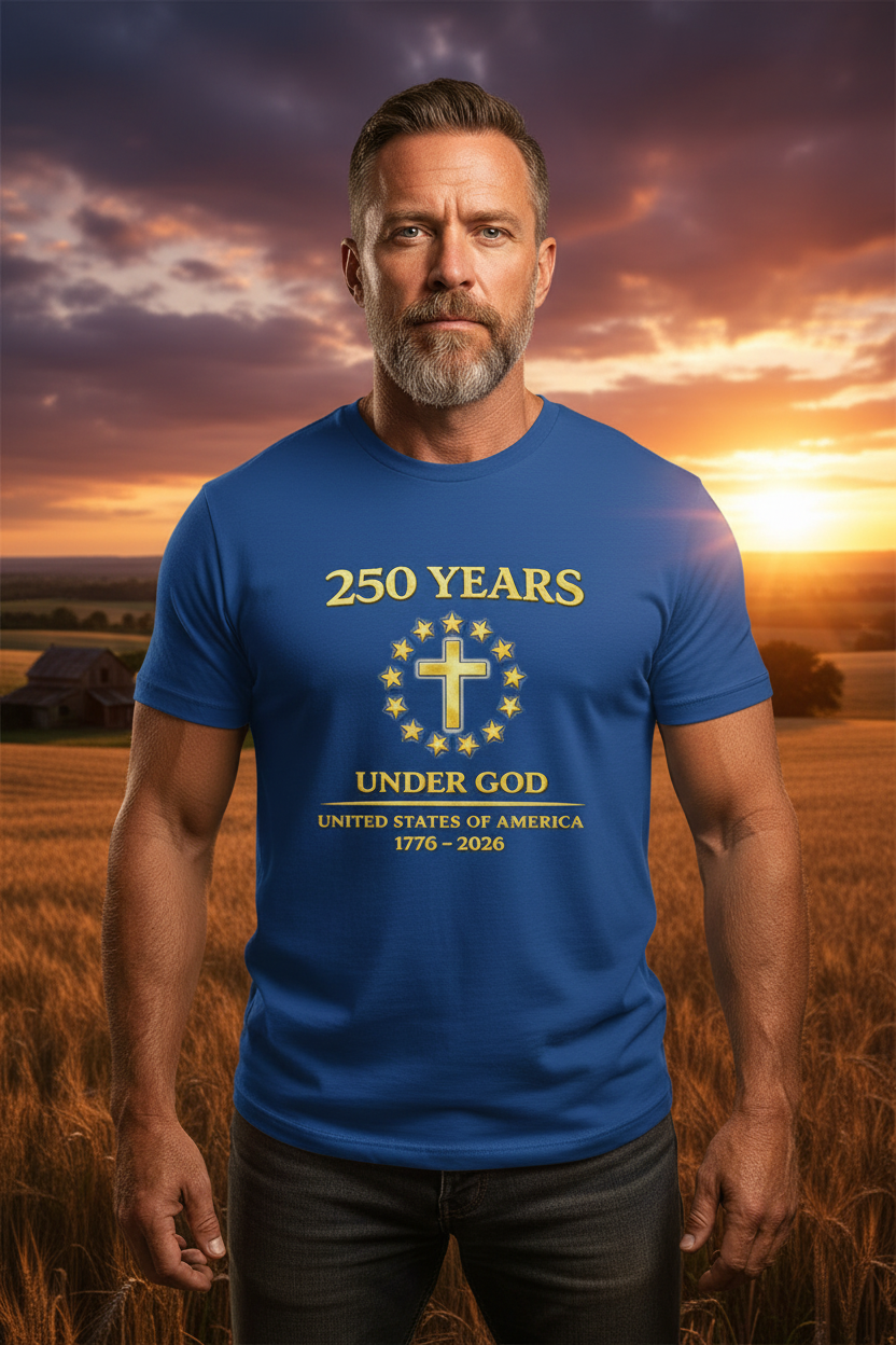 Blue t-shirt with gold text and design on a white background