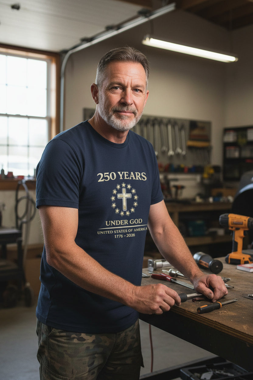 Green t-shirt with '250 Years Under God' text and design on a white background