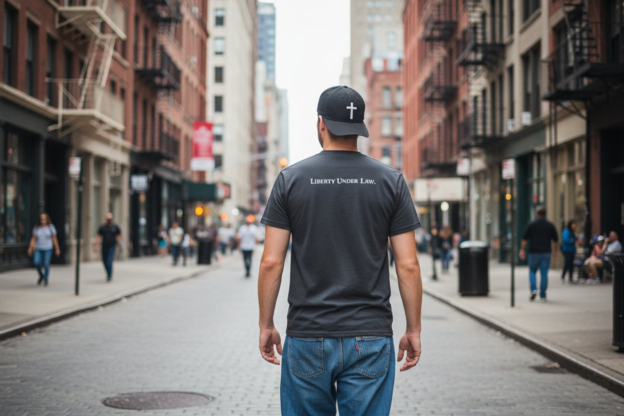 Green t-shirt with text on the back on a white background