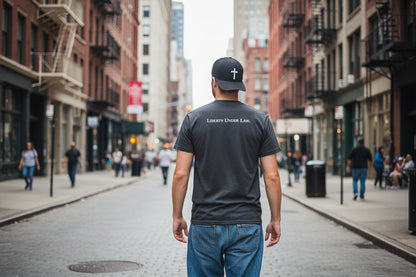 Green t-shirt with text on the back on a white background