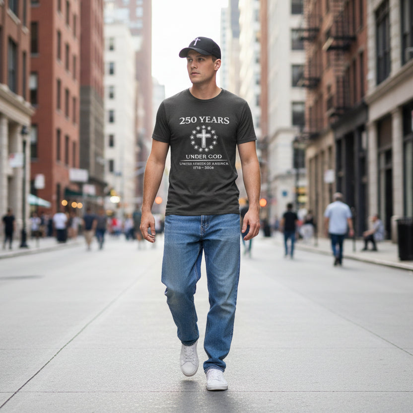 Green t-shirt with '250 Years Under God' text and design on a white background