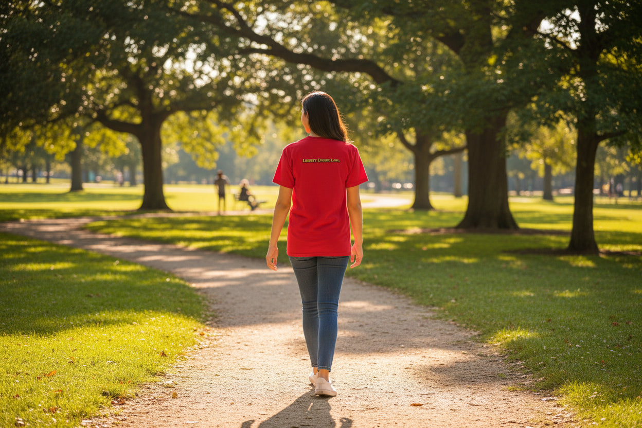 Red t-shirt with 'Liberty Under Law' text on the back against a white background