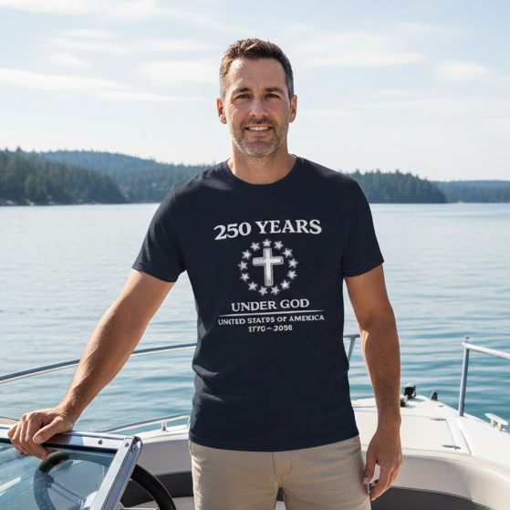 Black t-shirt with white text and design on a white background