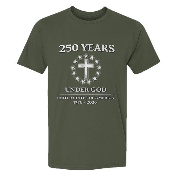 Green t-shirt with '250 Years Under God' text and design on a white background